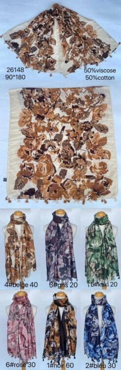 Écharpe à Fleurs Vintage En Viscose Et Coton (x6)