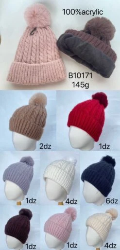 Bonnet Fourré Pompon Femmes Tressé Couleur Uni (x12)